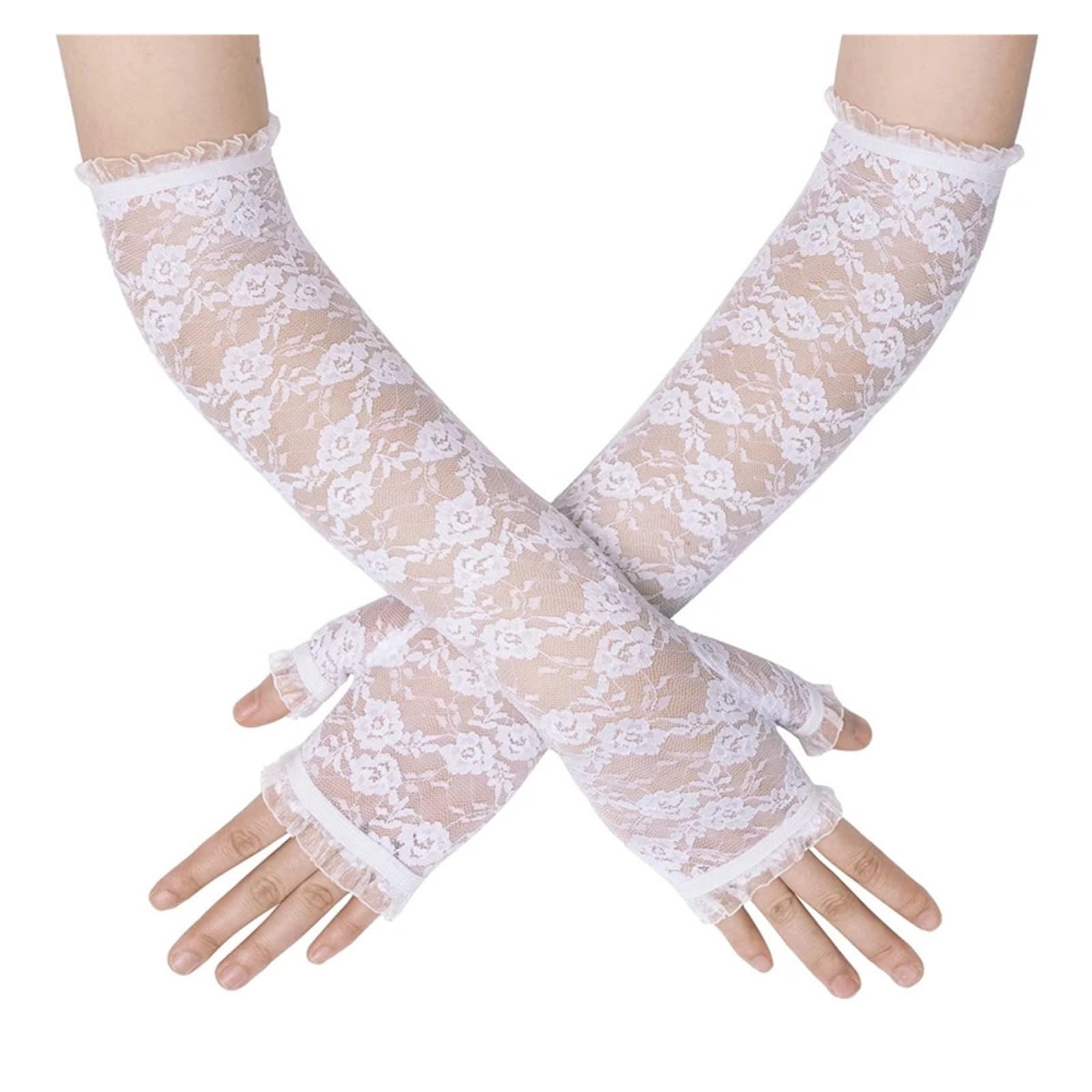Guantes de novia largos de encaje sin dedos que no bloquean tu anillo de bodas 6