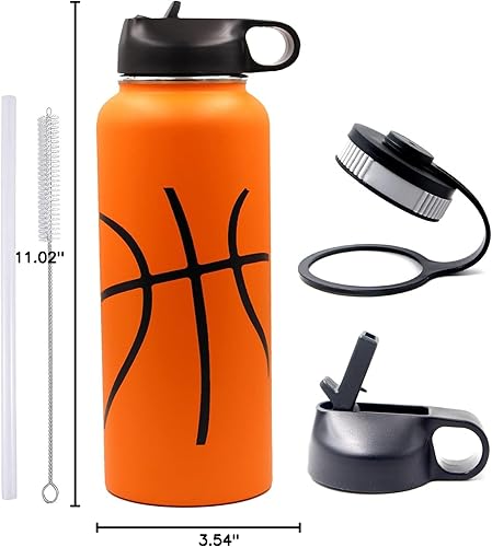 Miniatura 7 de Botella de agua de baloncesto de 40 onzas, botella deportiva de boca ancha, vaso de viaje de metal con 2 tapas, acero inoxidable de doble pared