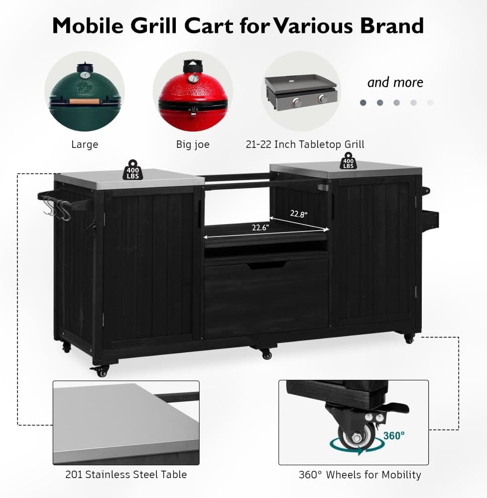 66.5" Outdoor Kitchen Island for Big Green Egg Grills, Solid Wood Outdoor Grill Cart with Wheel, Stainless Steel Top, Drawer, Compatible with Large Big Green Egg, Kamado Joe (Black)
