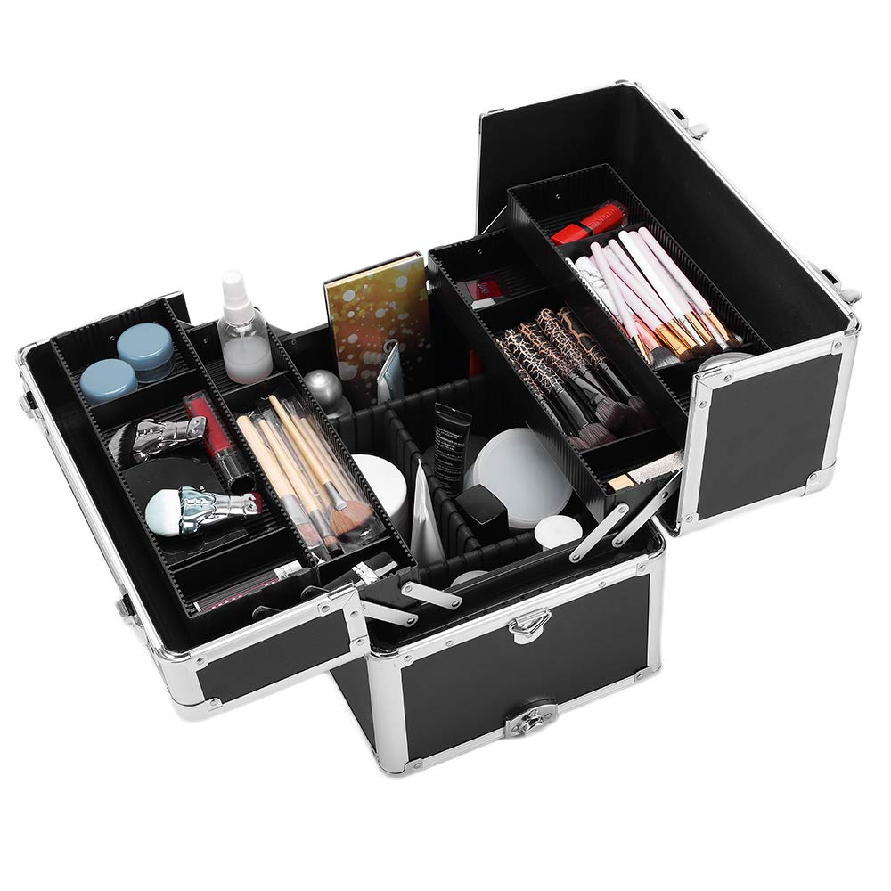 Makeup Train Case Trolley Large Rolling Makeup Artist Case Professional Salon Cosmetic Box Organizer with wheels Make-up Hair Stylists Nail Technician Accessories Organizers - Black