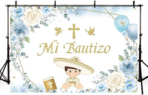 Miniatura 4 de Telón de fondo Mi Bautizo de 10 x 7 pies, suministros de decoración de fiesta de bautizo, globo floral azul, cruz dorada, fondo de fotografía de