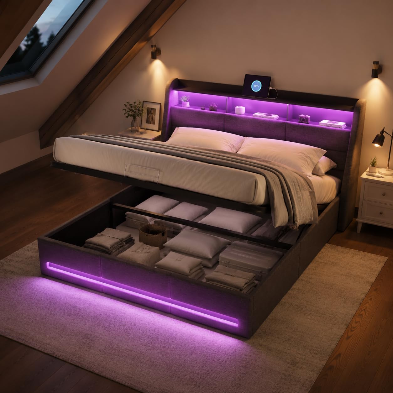 Camas Matrimoniales con usb, Cama con Almacenaje y Cargador 140x190 cama Matrimonio Tapizada con Espacio de Almacenamiento y luces led Marco de CAMAS con Cabecero,Sin Colchon (D Gris Lino, 140x190 cm)