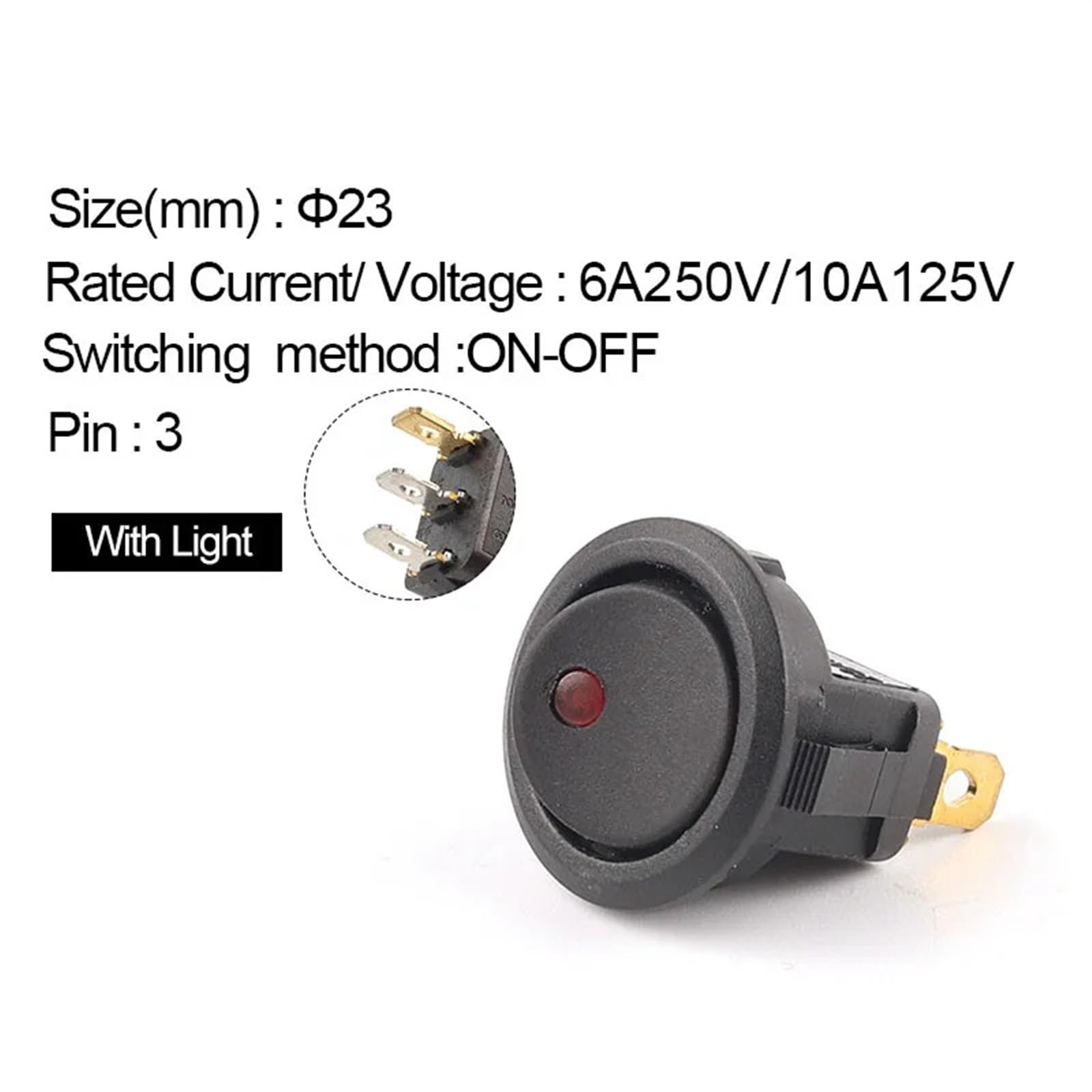 5 szt. 23 mm 6 A 250 V/10 A125 V wł./wył. okrągły przełącznik punktowy, wodoodporne przełączniki luminescencji światła (czerwone światło 3-pinowe)