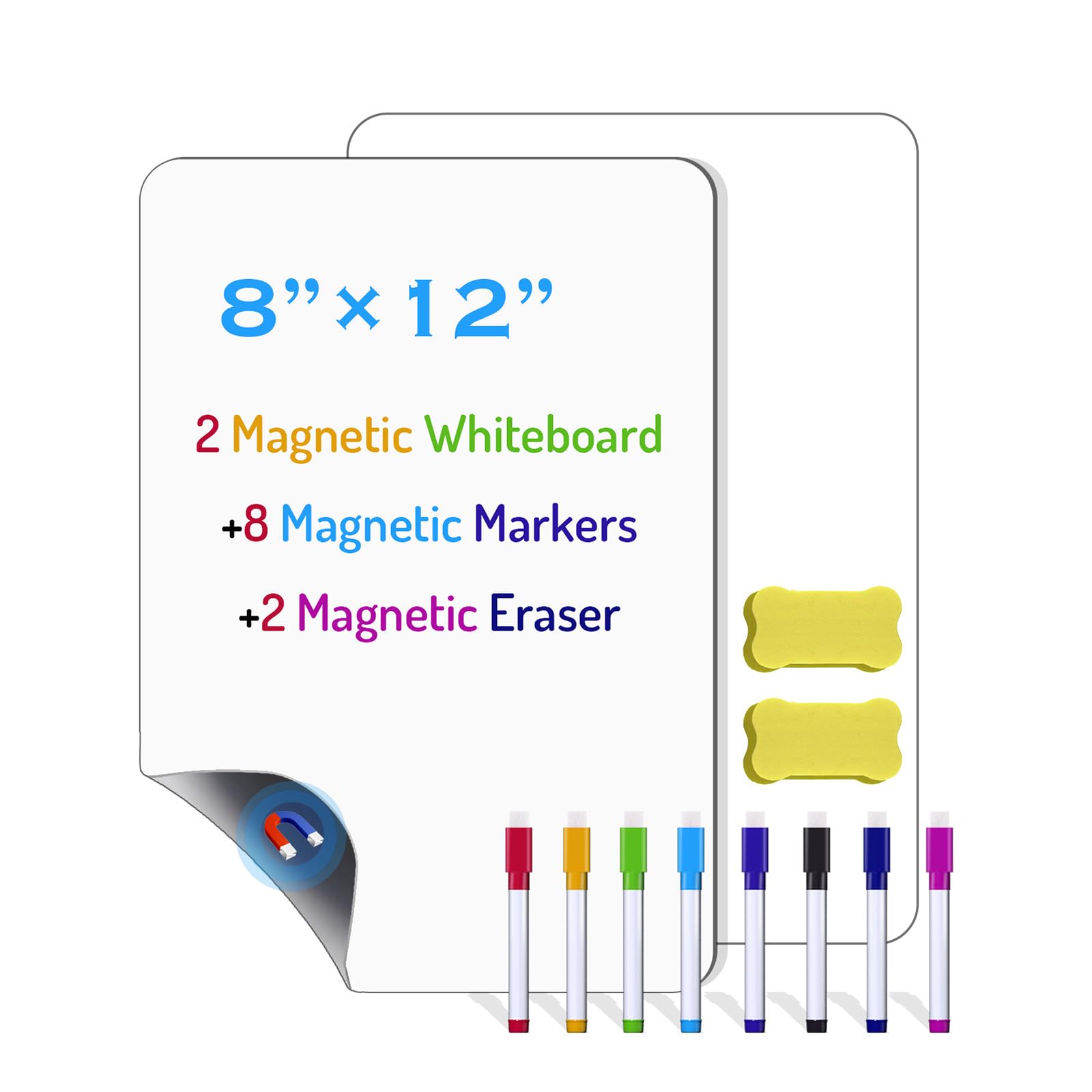 2 Pack PET Magnetic Whiteboard for Fridge, Small Magnetic Dry Erase Boards with 8 Markers and 2 Eraser, Reusable Blank Magnet White Board Sheets for Home, Kitchen, Office, Classroom - 12" x 8"