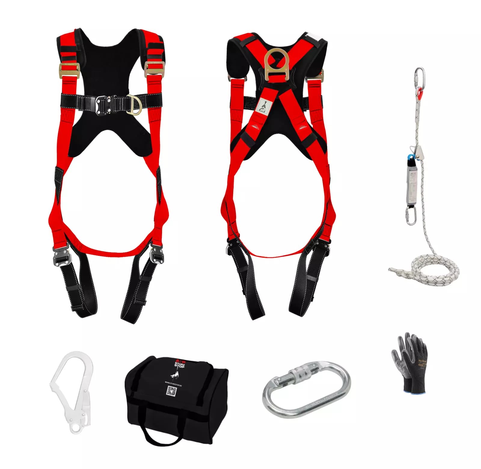 Generisch SET Dachdecker Fallschutz Premium Auffanggurt inkl. Auffanggerät, Seil 20m, 2 Karabiner, PSA Sicherung DIN EN