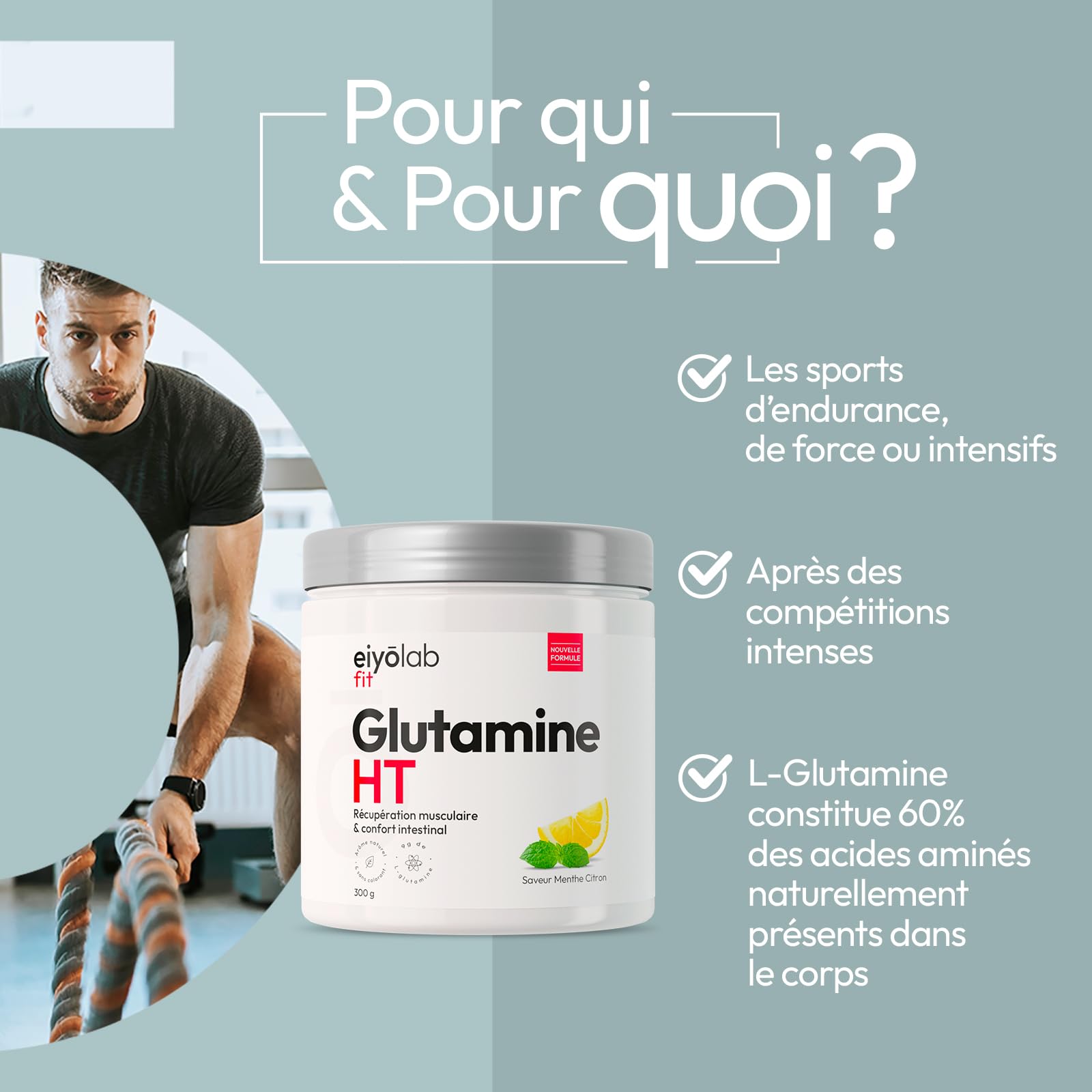 Glutamine HT | Poudre 100% Pure de L-Glutamine | 300 g | Récupération Musculaire et Santé Intestinale | 30 Portions de 10g | Acide Aminé Vegan et Sans Excipients | Goût Menthe Citron | Eiyolab