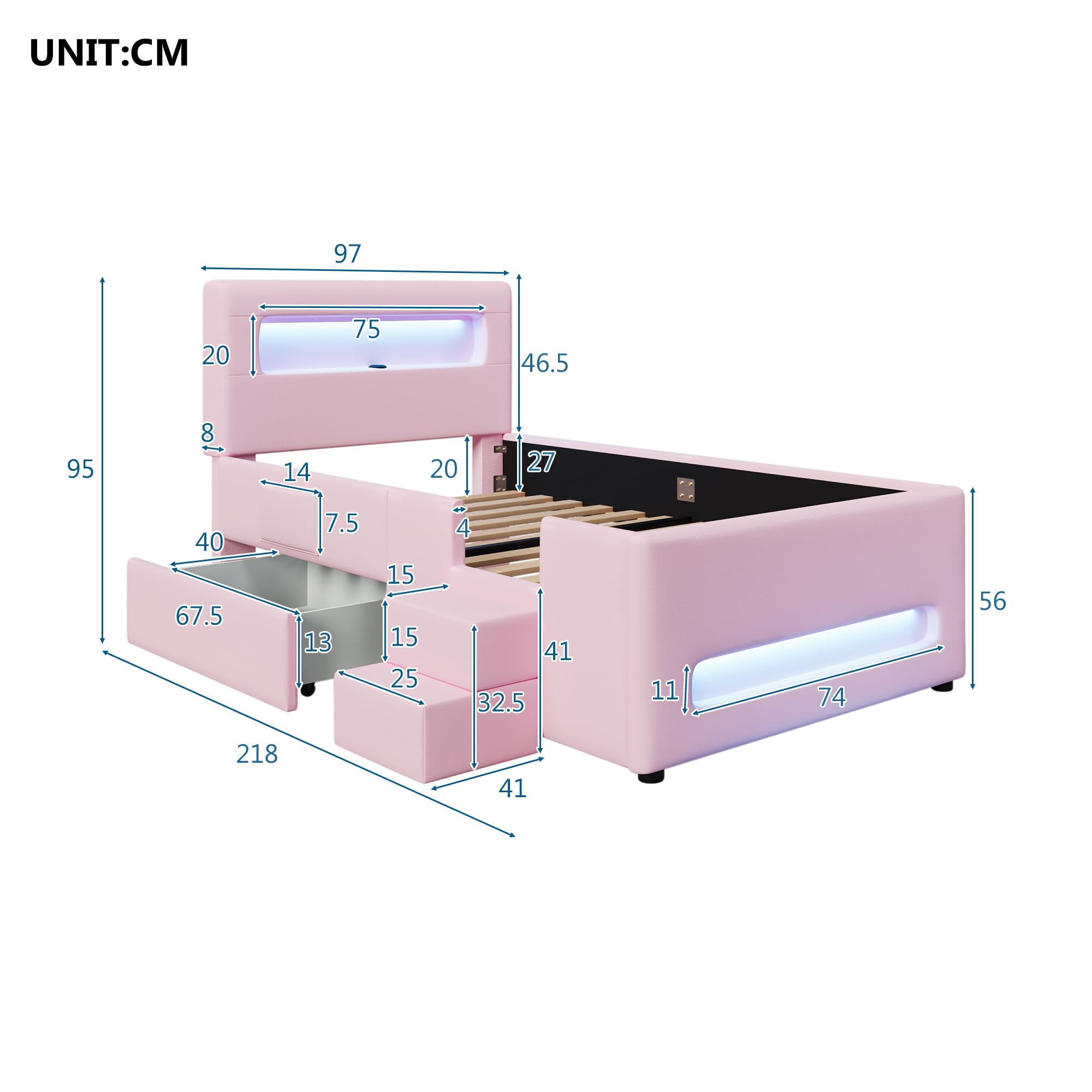 Letto a piattaforma imbottito (90 x 200 cm) con scale, cassetti, strisce luminose a LED e tasche portaoggetti (rosa)