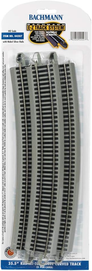 Bachmann Trains - Snap-Fit E-Z TRACK 35.50” RADIUS 18 DEGREE CURVED TRACK (5/card) - NICKEL SILVER Rail With Gray Roadbed - HO Scale , Grey