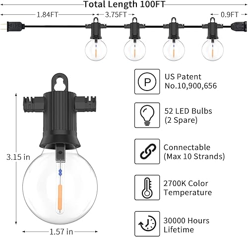 Miniatura 13 de ZOTOYI Tira de luces para exteriores de 50 pies, luces LED para patio con 27 bombillas G40 de plástico (2 de repuesto), impermeable, IP65 Edison