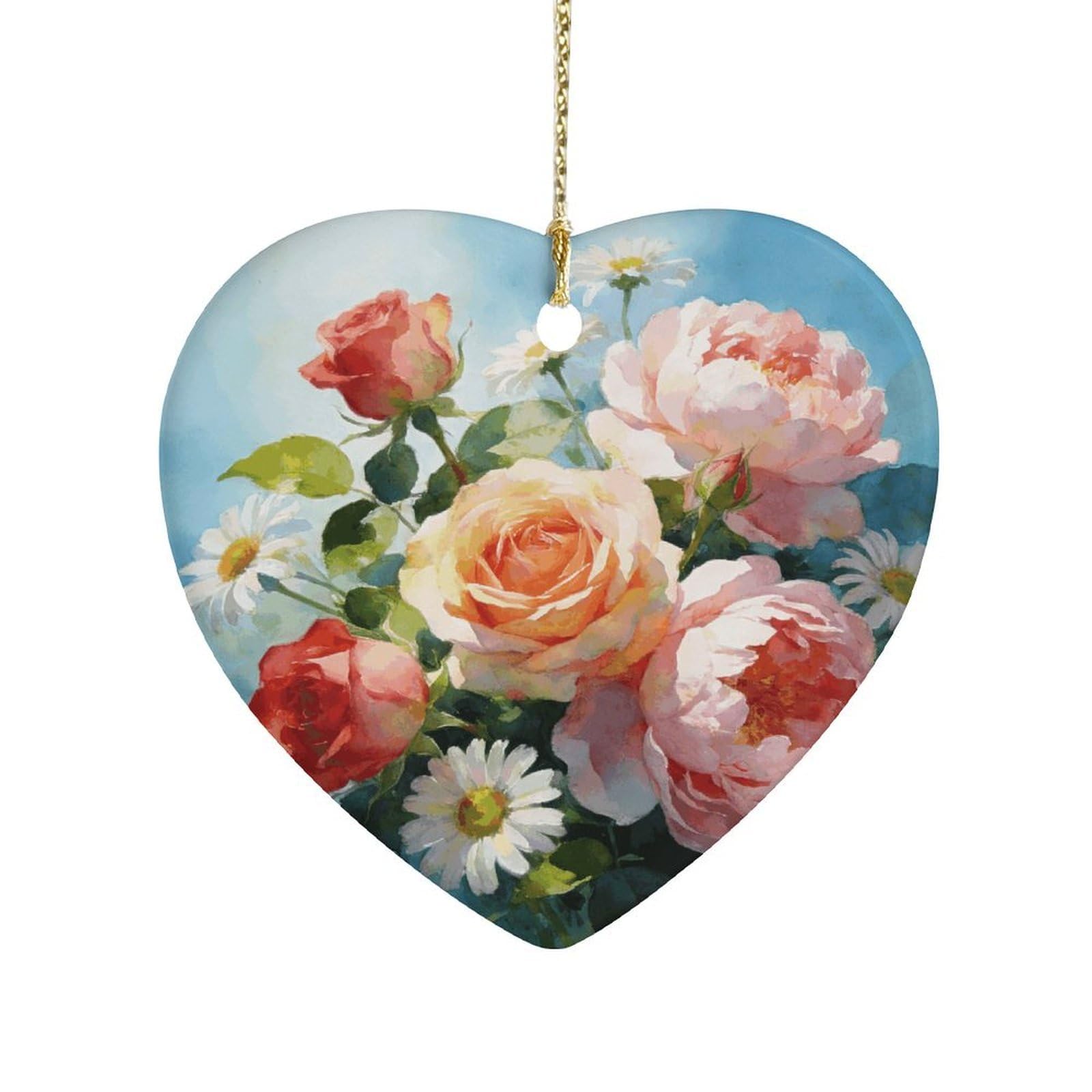 Khauerbc Style Gently Bloomingheart Shaped Ceramic Ornament With String,Ceramic Ornament,Two-Sided Printed For Christmas Tree And Holiday Decoration