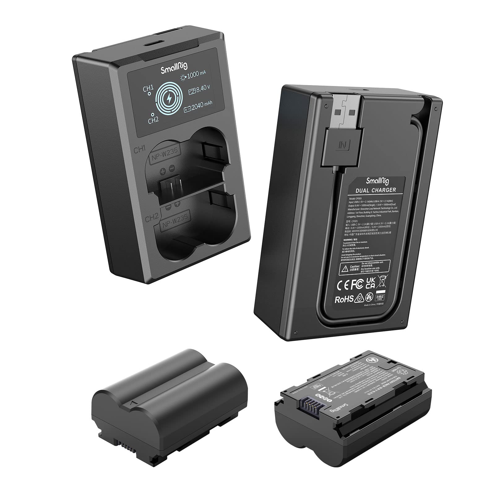 SMALLRIG Batteries de Rechange Compatible avec NP-W235 pour Appareil Photo et Chargeur d'Ecran LCD (Lot de 2), Batterie Rechargeable pour FujifilmGFX 100S, pour Fujifilm X-T4, VG-XT4-3822