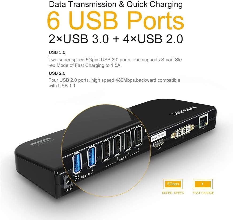 Miniatura 3 de WAVLINK Estación de acoplamiento universal USB 3.0USB-C para laptop, monitor de video dual compatible con DVIHDMIVGA, Gigabit Ethernet, audio, 6