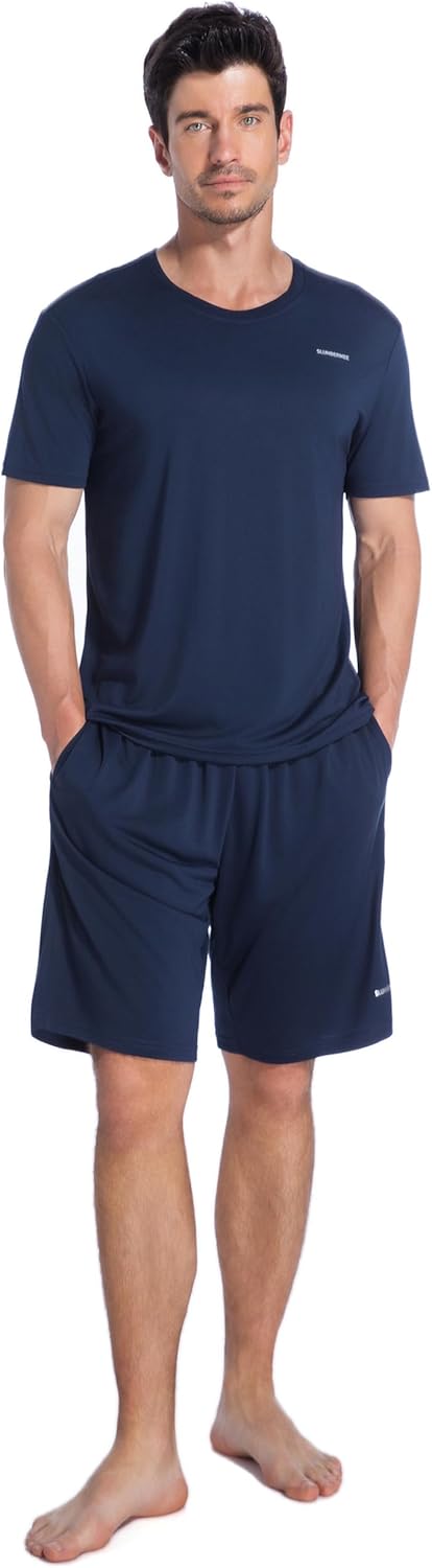 SlumberMee Mens Summer Pajamas Set Super Soft Cooling Viscose Pjs Short Sleeve Sleepwear 2 Piece Set Loungewear with Pockets