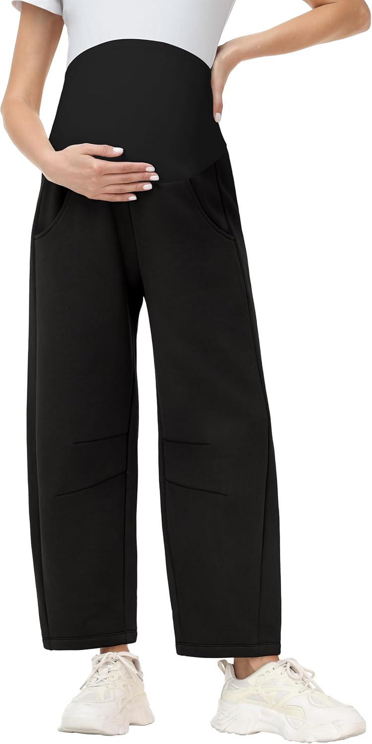 Foucome Womens Maternity Baggy Barrel Pants Wide Leg Pregnancy Lounge Sweatpants with Pockets
