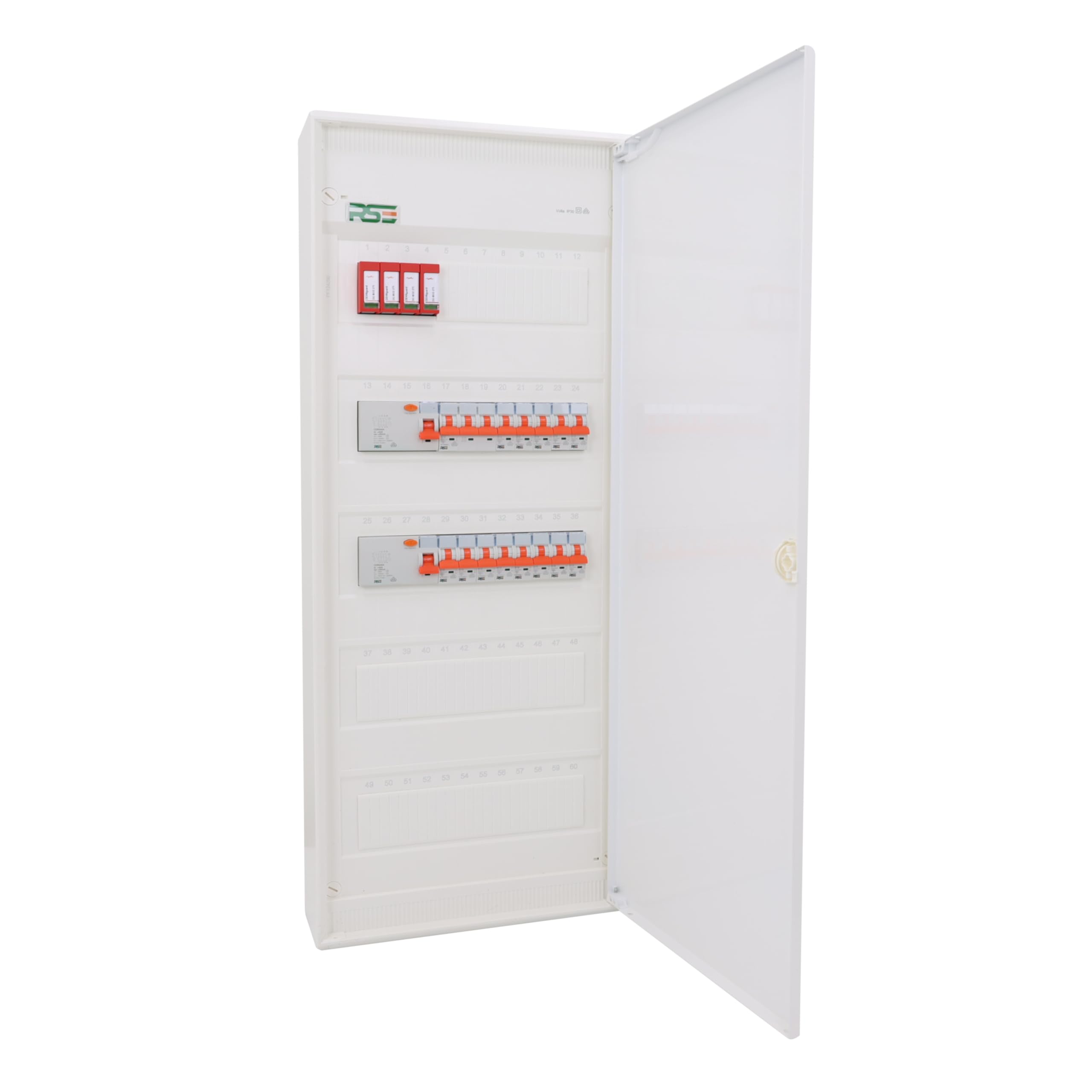 RSE Sous-distribution câblée Boîte à fusibles Encastrée et saillie Boîtier à ossature légère avec Distributeur Hager, En saillie 5 rangées VA60CN, avec protection contre les surtensions