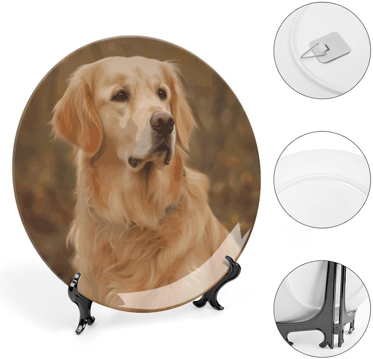 Golden Retriever Bone China Decorative Plate with Display Stand, Ceramic Ornaments Plate for Wall Hanging, Personalized Porcelain Plates for Office, Living Room 8inch