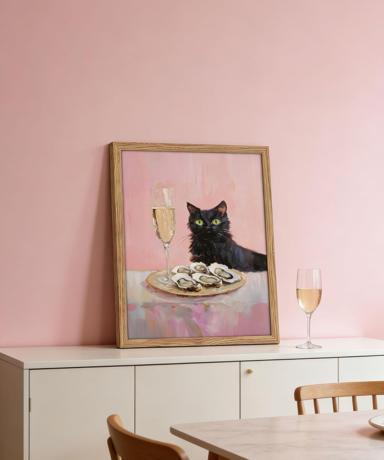 Framed Funny Black Cat Wall Art Champagne Oyster Bar Cart Picture Wall Decor Whimsical Black Cat Poster Print for Dining room Kitchen Living room Home Decoration 12x16in