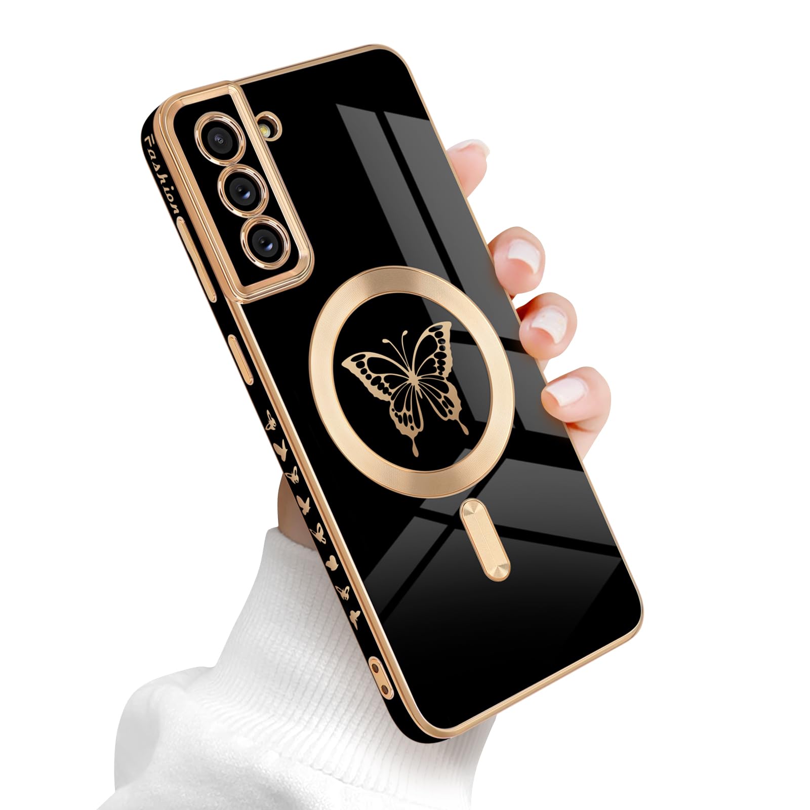 for Samsung Galaxy S21 Plus 5G Magnetic Case, Cute Butterfly Luxury Plating Edge Case for Women Girls Men Soft TPU Shockproof Full Camera Protective Cover for Samsung Galaxy S21 Plus-Black