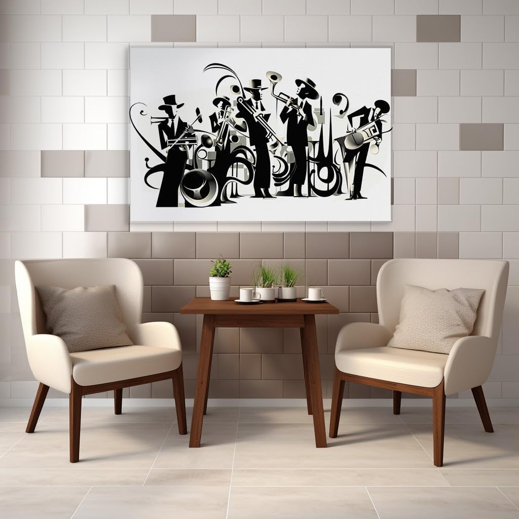 Canvas for Living room. Jazz Rhythms in Monochrome: A Quintet's Abstract Symphony, 27 x 18 inch Canvas Wall Art - Ready to Hang - 69x46 cm (27x18 inch)