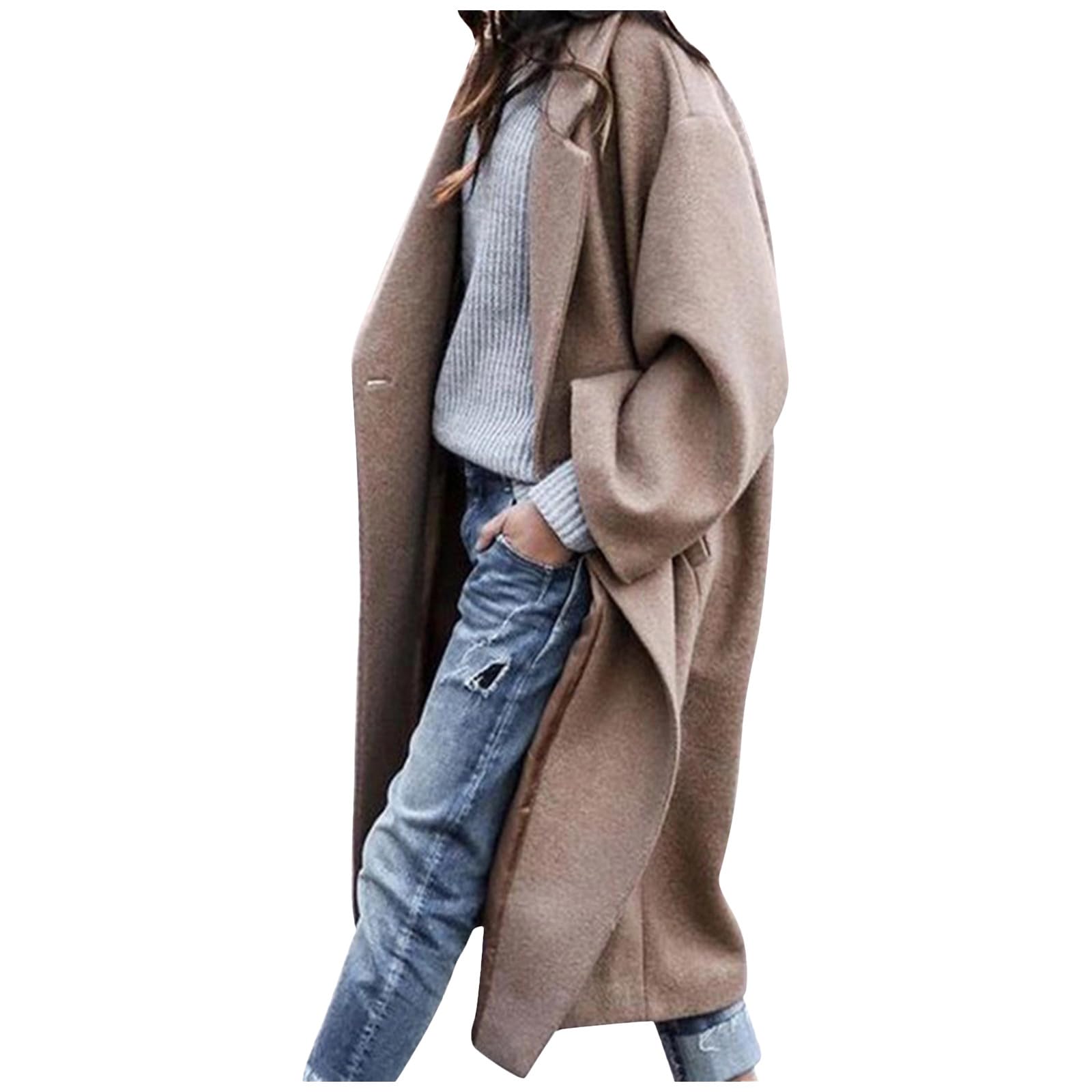 Masrin Trenchcoat Damen Lang Winterjacke Zweireihiger Windjacke Mantel Elegant Einfarbige Wolljacke Umlegekragen Langarm Wintermantel Wollmantel Übergangsjacke Business Arbeitsjacke Windbreaker S-3XL