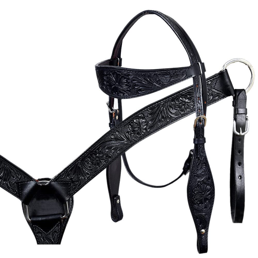 Juego de tachuelas de piel auténtica con cuello y riendas pintadas florales para sillín de caballo occidental ST-008 (pony)