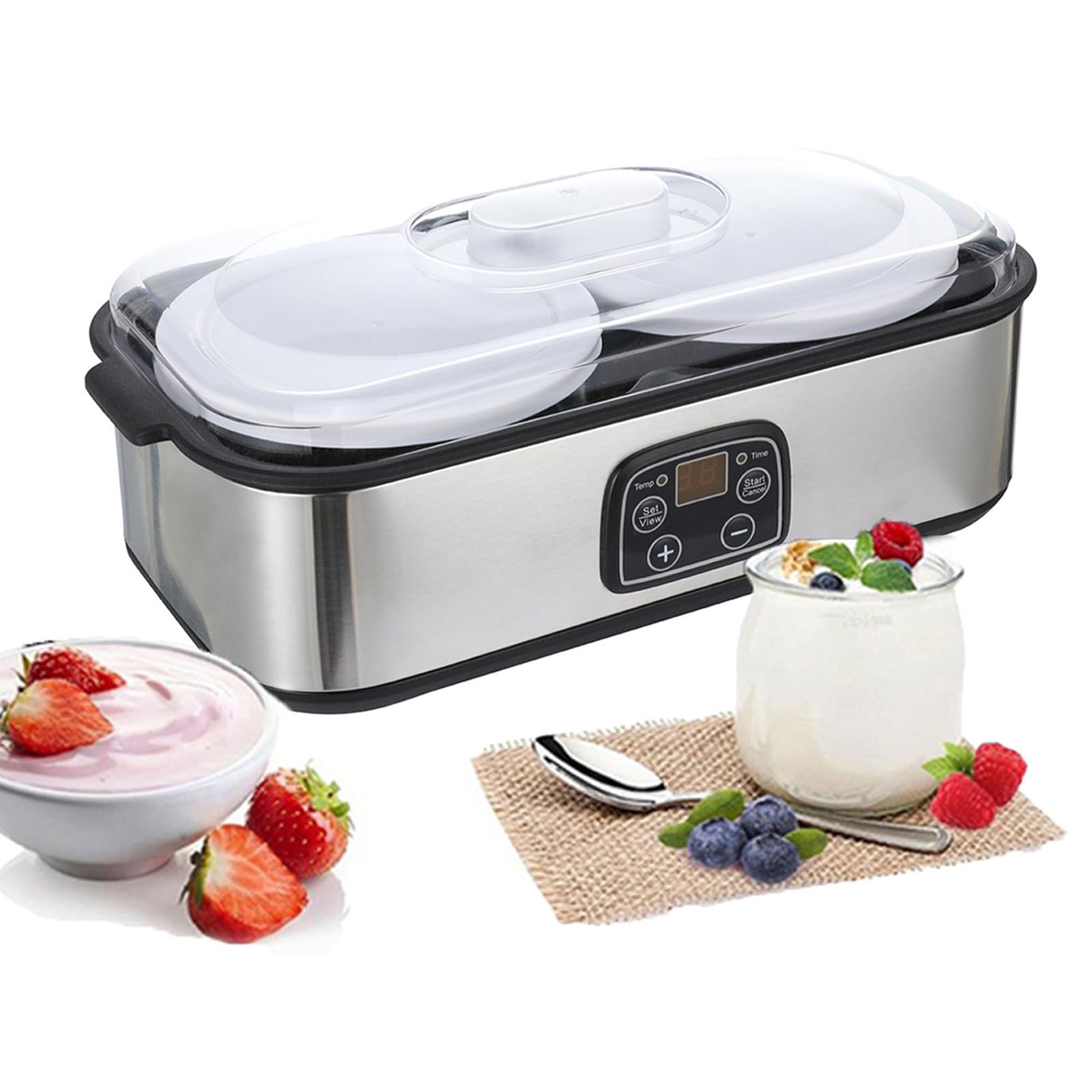 Yogurtera Automática De 2000 Ml - Yogurtera Eléctrica Con 2 Tarros De Vidrio, Temperatura Ajustable Y Temporizador De 48 Horas, Pantalla Led, Fabricada En Acero Inoxidable Para Uso Doméstico.
