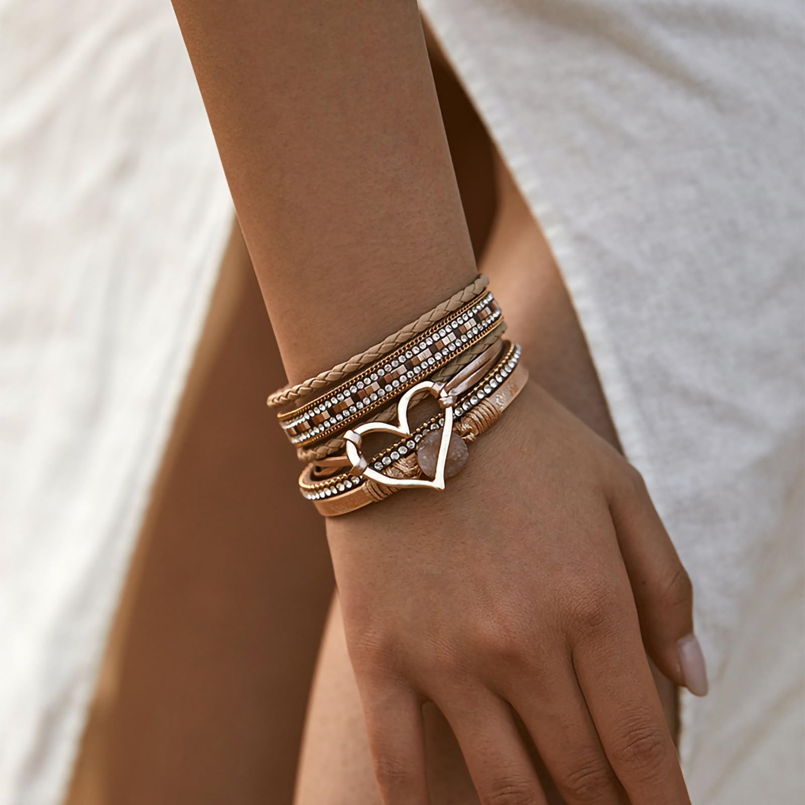 Fesciory Leopard Bracelet for Women, Boho Leather Wrap Multi-Layer Pearl Crystal Bracelet Bangle Jewelry