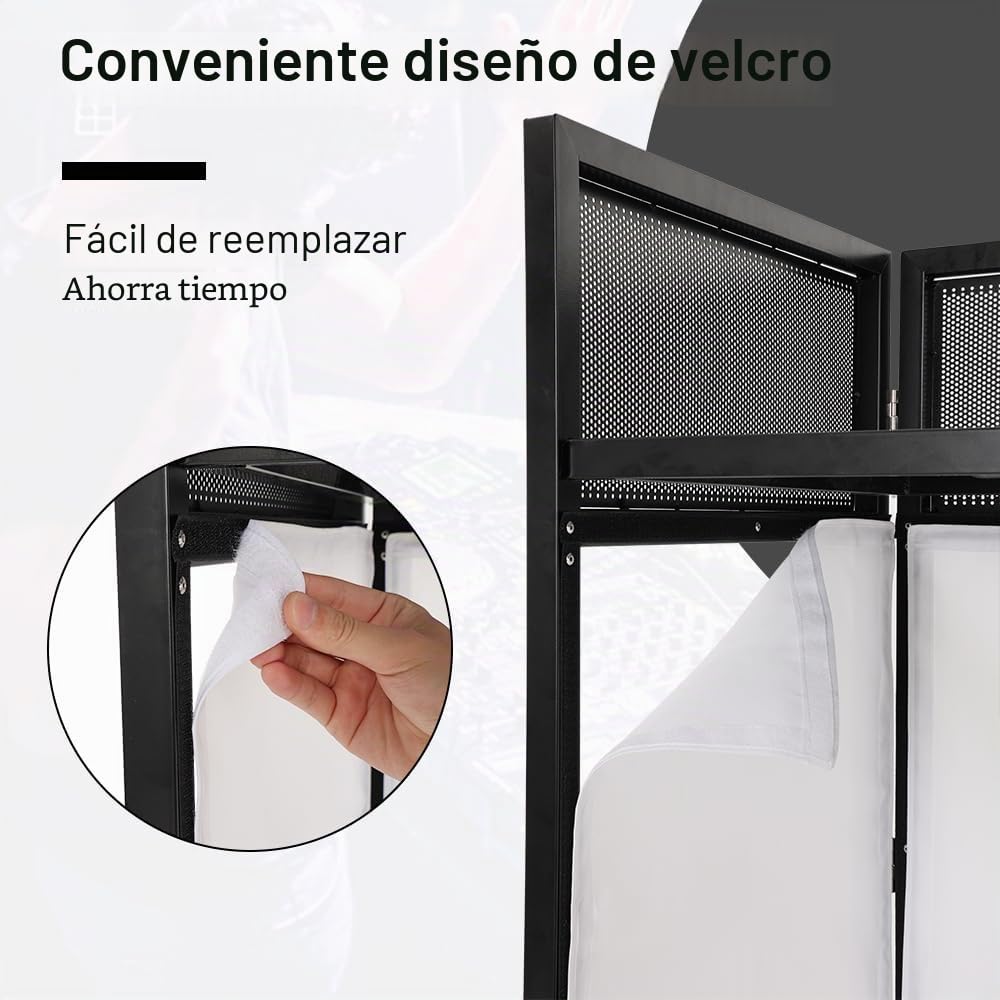 SMONTER Cabina de DJ portátil de 41 pulgadas de largo x 20 pulgadas de ancho, fachada de DJ con tela blanca y negra, estación de mesa de DJ plegable con patas ajustables para fiesta, marco de metal