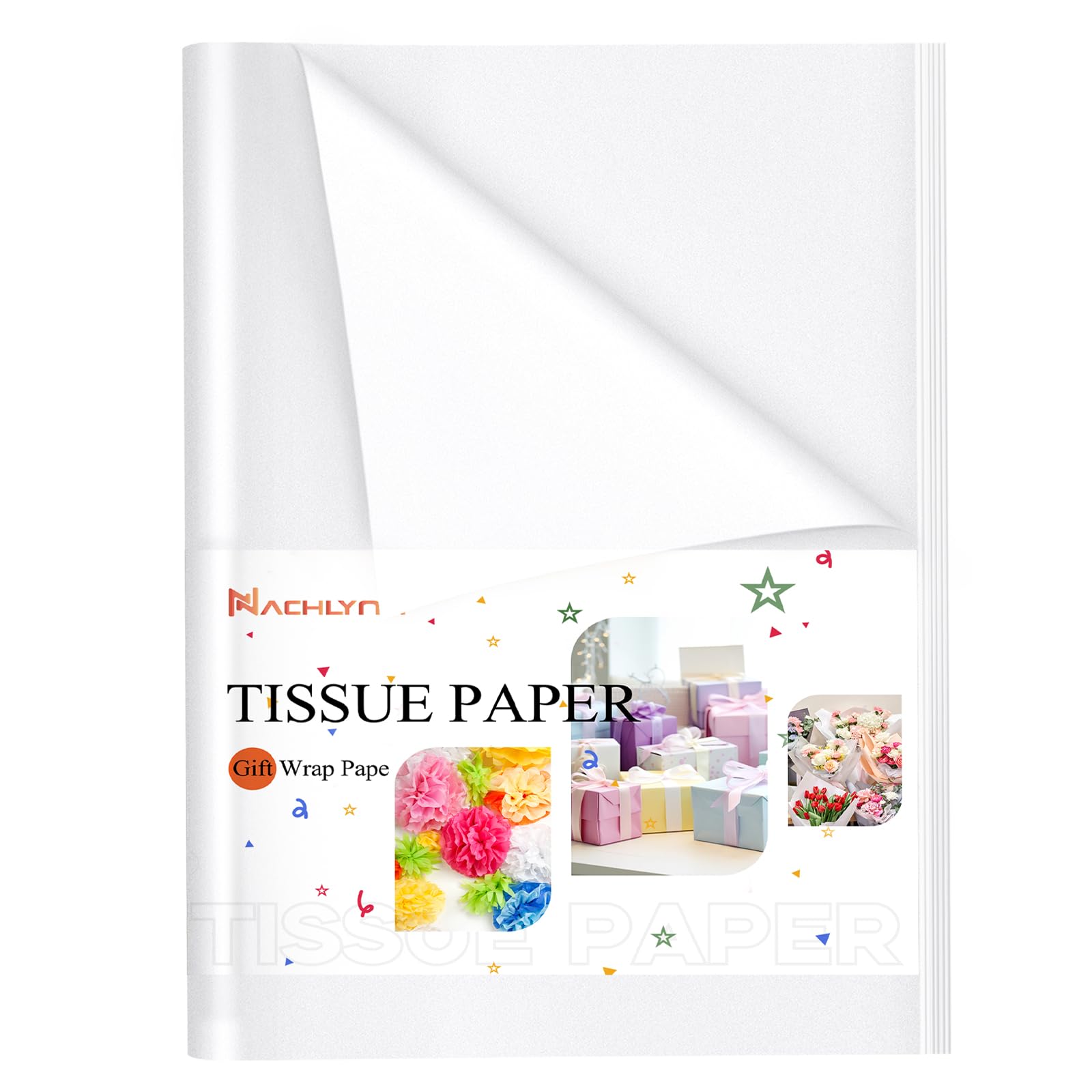 NACHLYNN 100 hojas de papel de seda blanco a granel, papel de regalo de 14 x 20 pulgadas, para manualidades, bodas, vacaciones, fiestas de cumpleaños, manualidades, decoraciones
