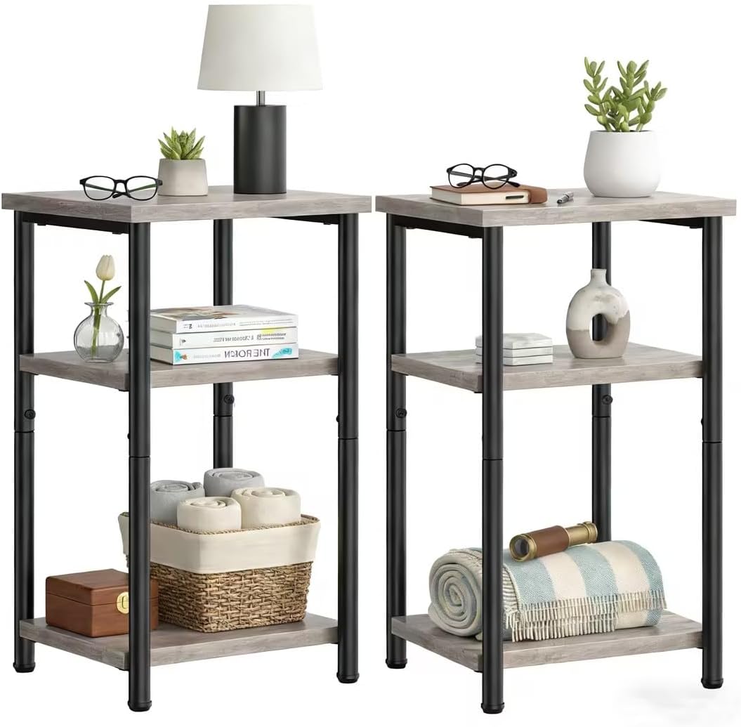 DUMOS Side Table, Small End Table, Tall Nightstand for Living Room, Bedroom, Office, Bathroom, 2 Pack Grey