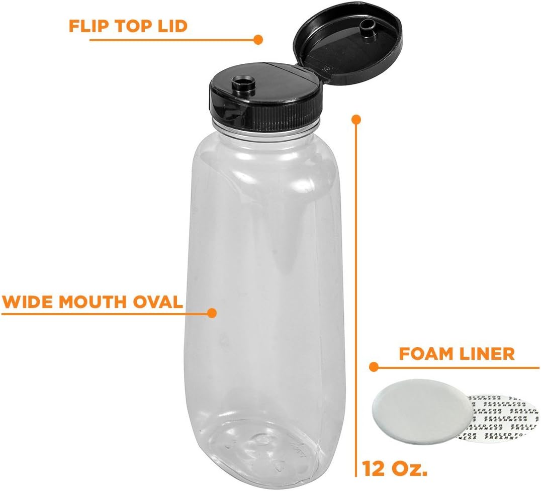 12 OZ WIDE MOUTH OVAL PLASTIC DRESSING/SAUCE JAR WITH FLIP TOP LID AND FOAM LINER TO SEAL BY PEXALE (10, 12 OZ)