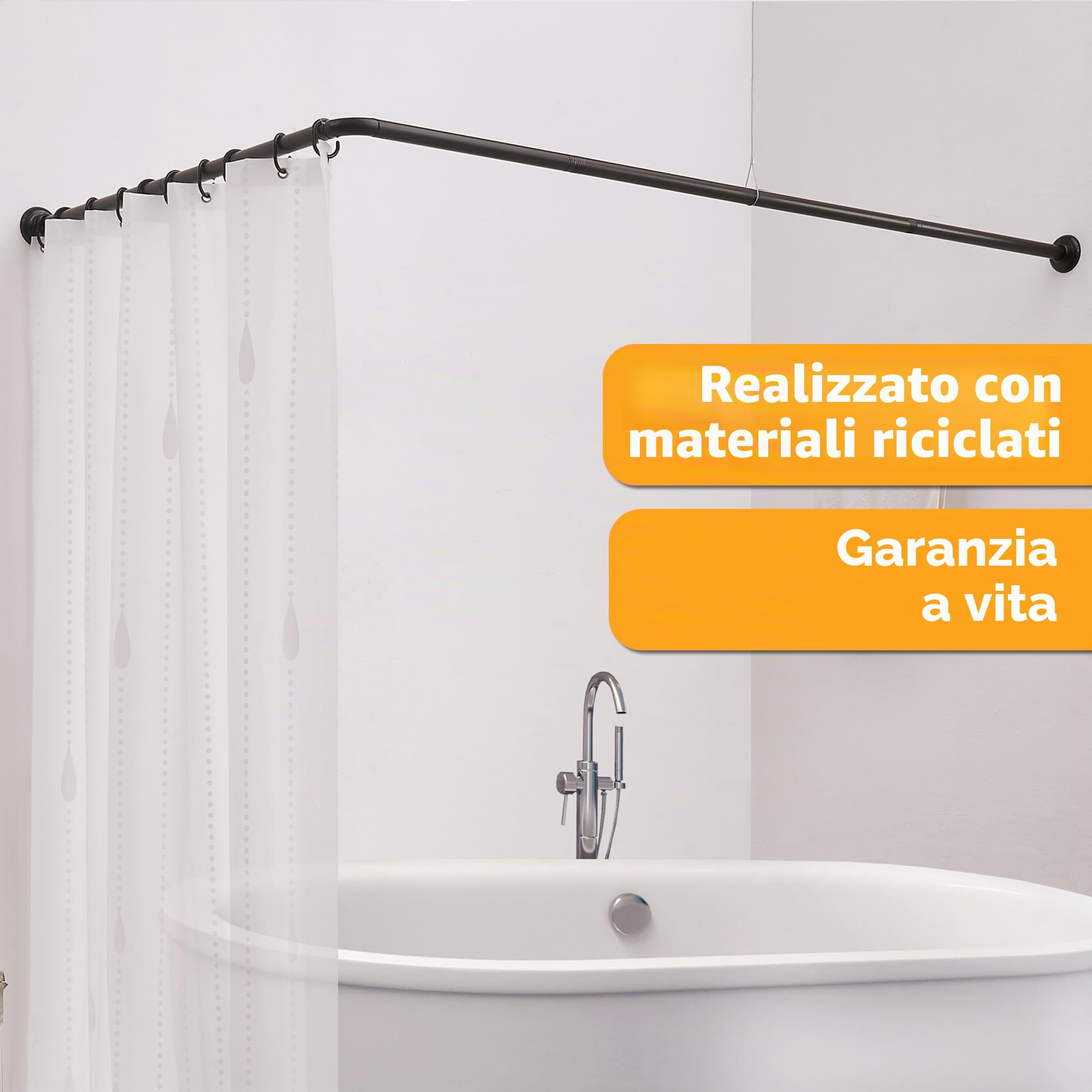 Asta per tenda da doccia, a forma di L, 171 x 88 cm, asta angolare in acciaio, nero opaco, con supporto a soffitto e 12 ganci (kit di montaggio incluso)