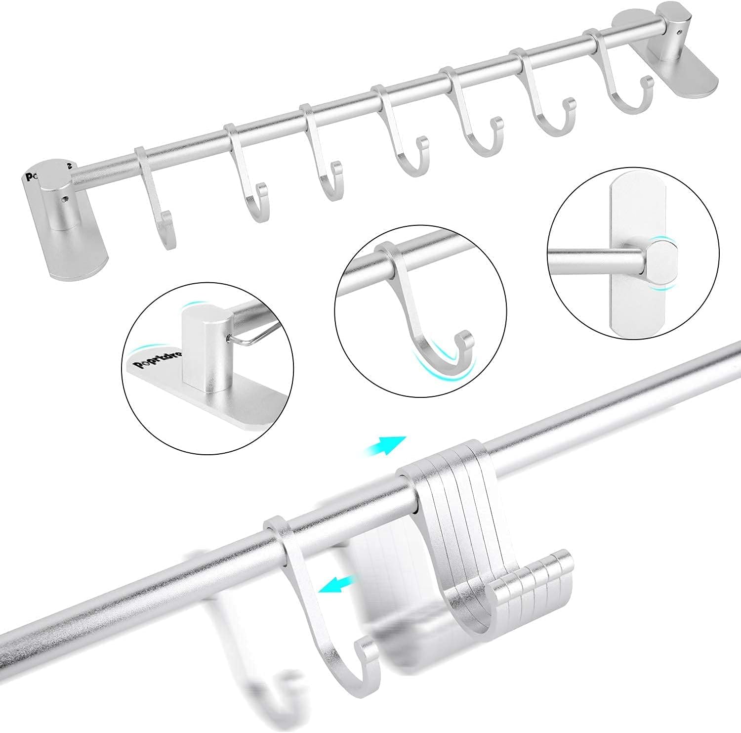 Kitchen Hanging Rack Hanging Hooks Without Drilling 7 Sliding Hooks Hanging Rack for Kitchen Bathroom Aluminum Matt Silver (Color : Silver)