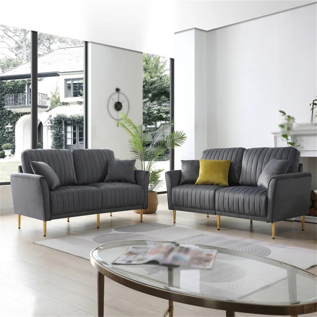 Grey Velvet Couch and Sofa Set for Living Room, 2 Piece Seat Sofas, Furniture with Removable Cushions
