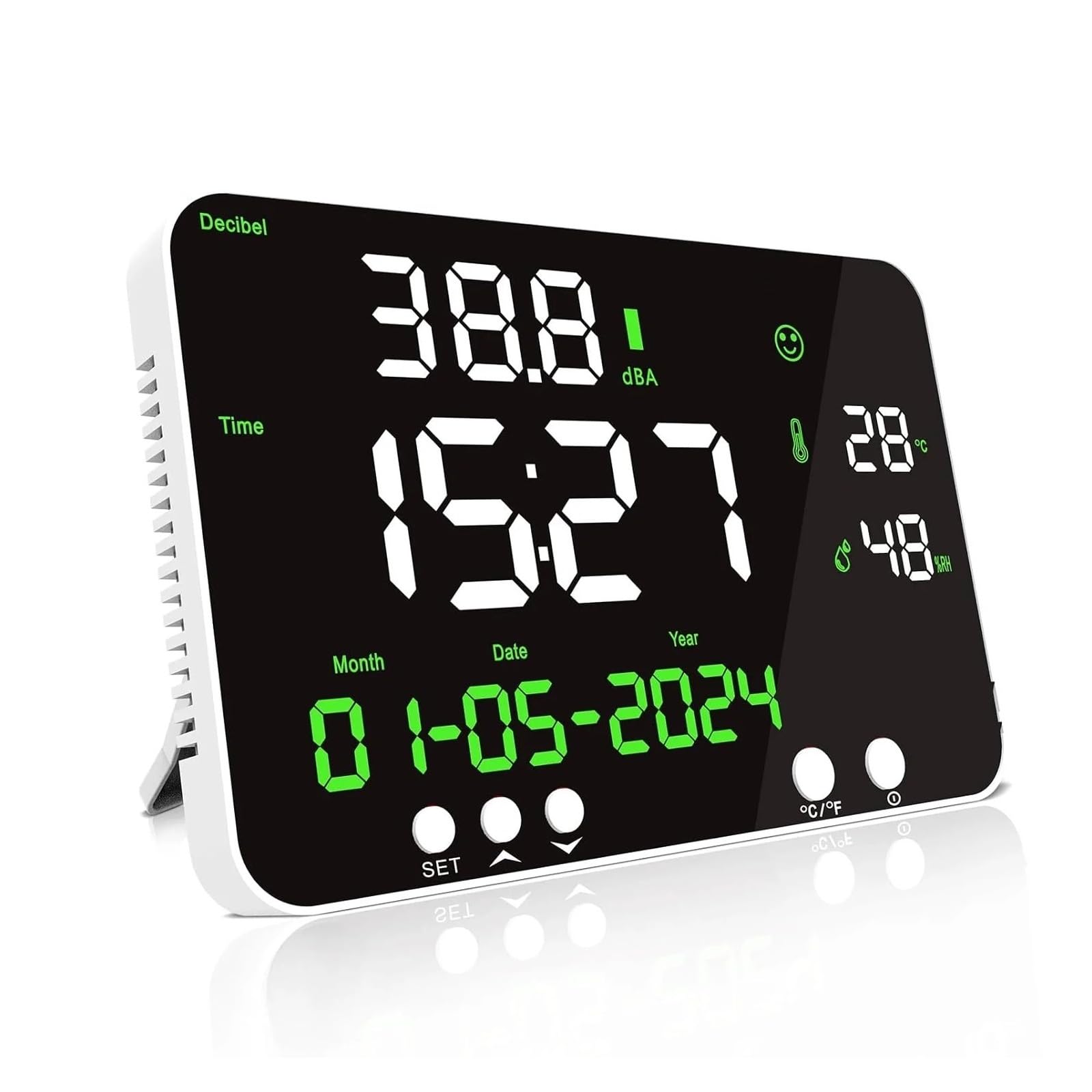 Medidor de Decibeles, Medidor de decibelios Nivel sonido montado en la pared Muestra Hora Temperatura Humedad Fecha, Monitor ruido