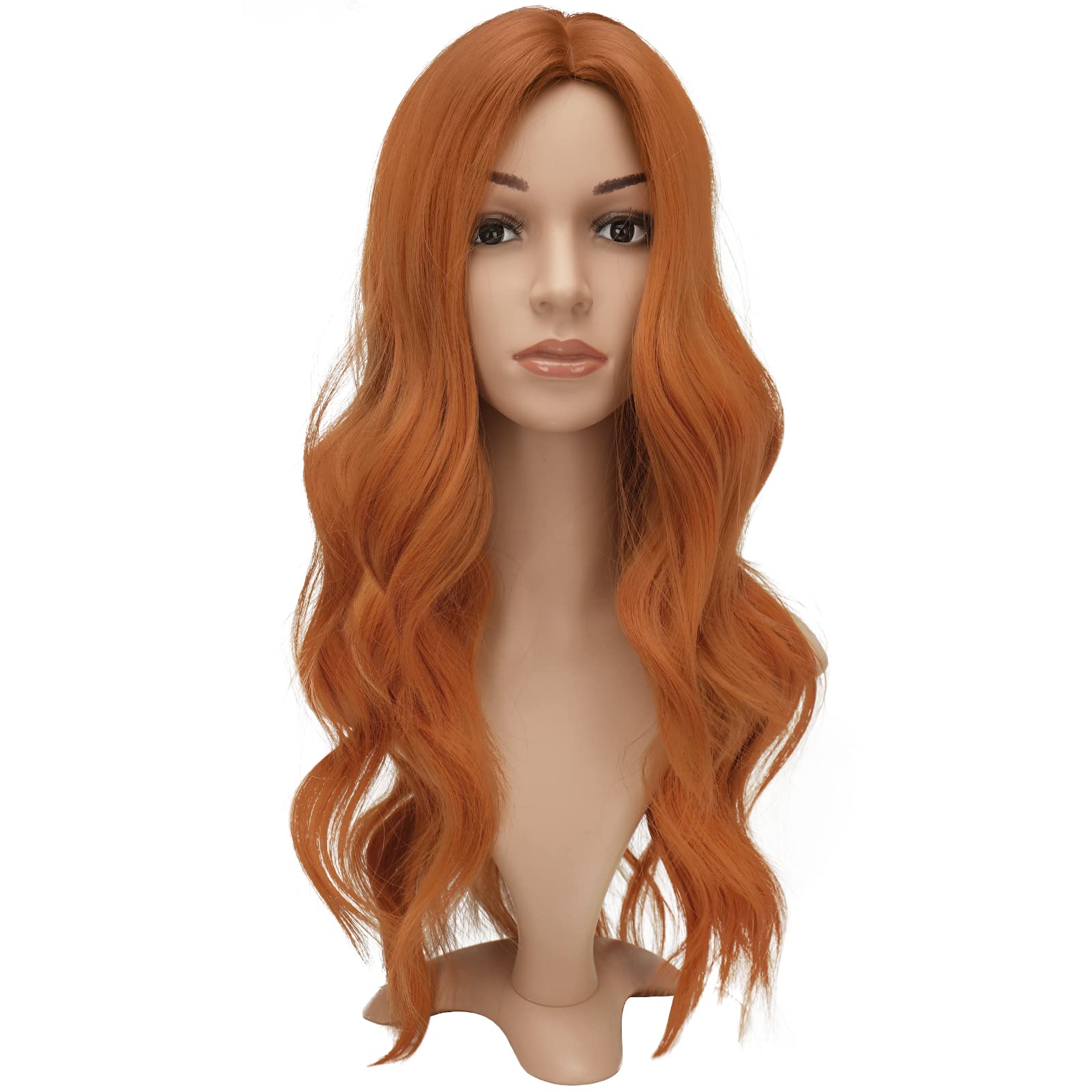 FESHFEN Perruque Cuivre Ondulés Longues, 60 cm Perruques Femmes Cheveux Longs Fêtes Perruque de Séparation Moyenne Naturelle Synthétiques Ondulés Wigs pour Femme