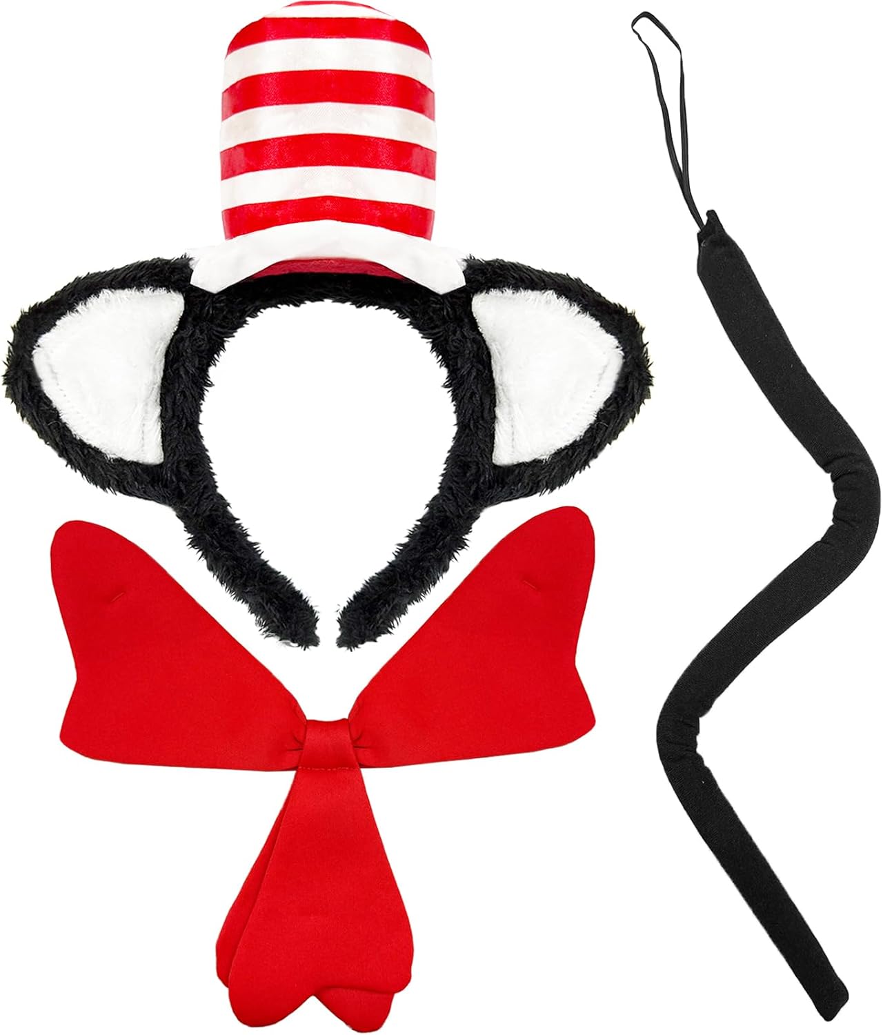 Cat Ears with Hat Headband and Bow Tie, Red and White Hat Cat Ears Hairband Red Bow, Kitten Costume Cosplay Party Halloween Accessories for Kids and Adults