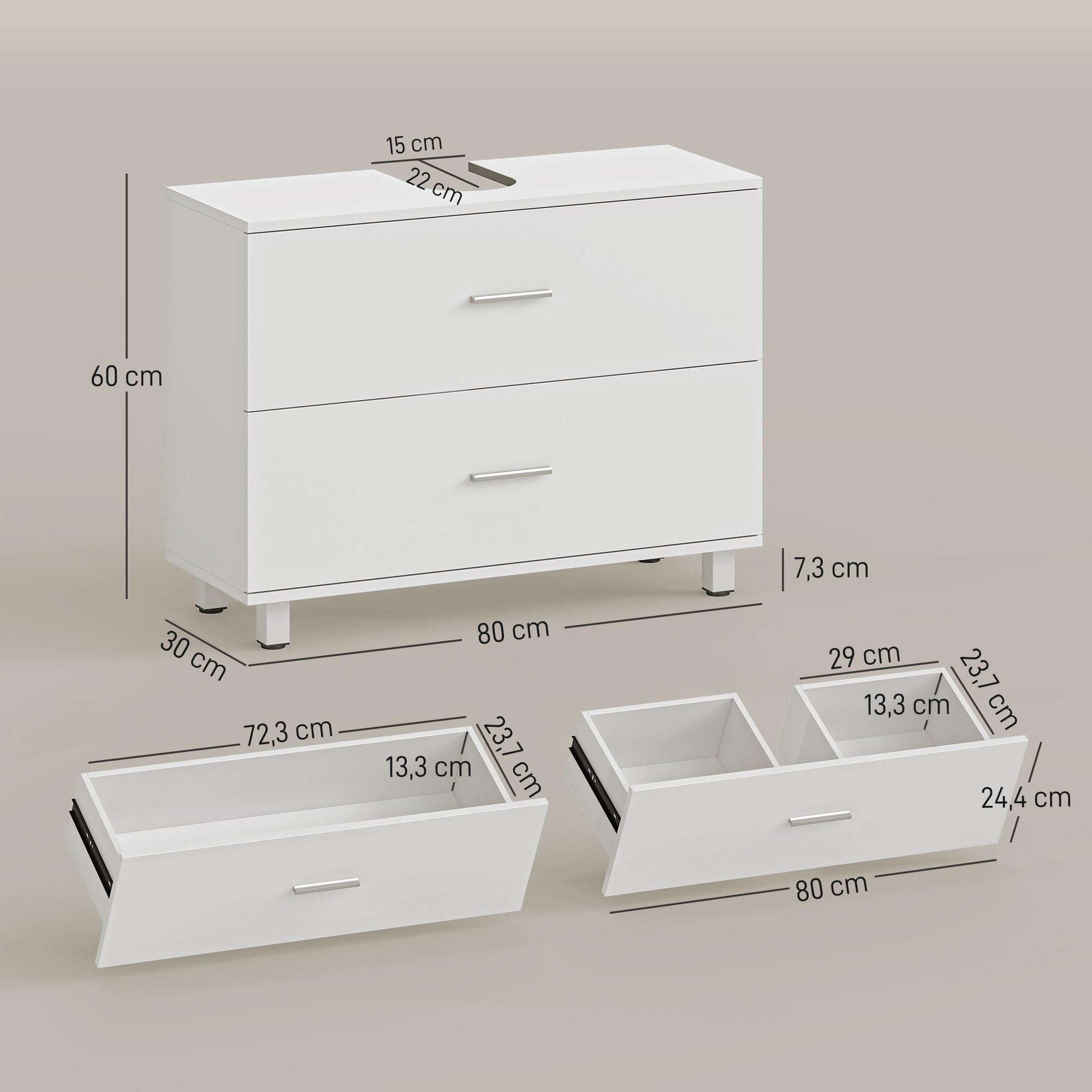 HOMCOM Mueble Bajo Lavabo, Mueble de Baño con 2 Cajones, Armario de Baño de Pie, Estilo Moderno, para Lavabo sin Pedestal, 80x30x60 cm, Blanco