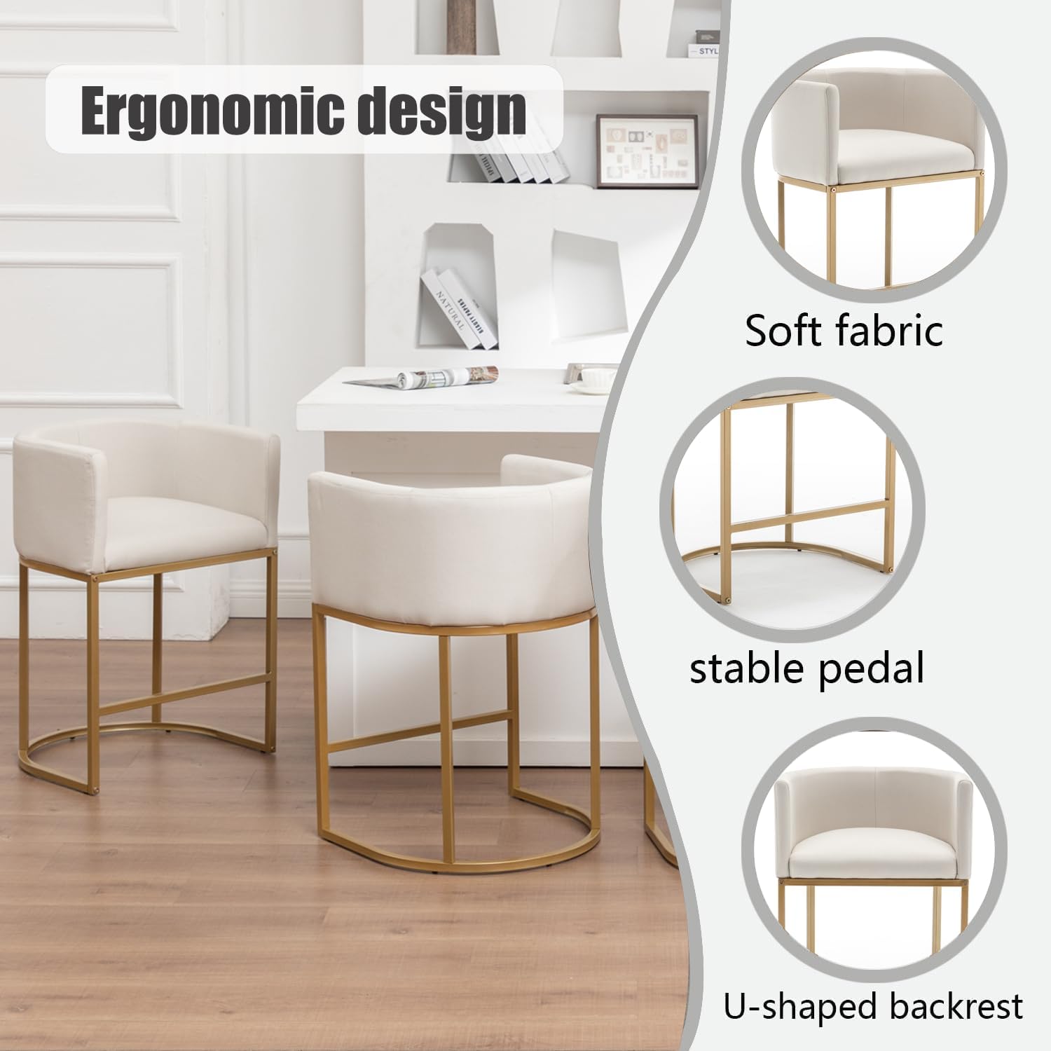 Canxkun Gold Bar Stools Set of 3, 25" H Modern Counter Height Bar Stools with Backrest, Linen Fabric Upholstered Bar Stool for Kitchen Island, Cafe (Beige)