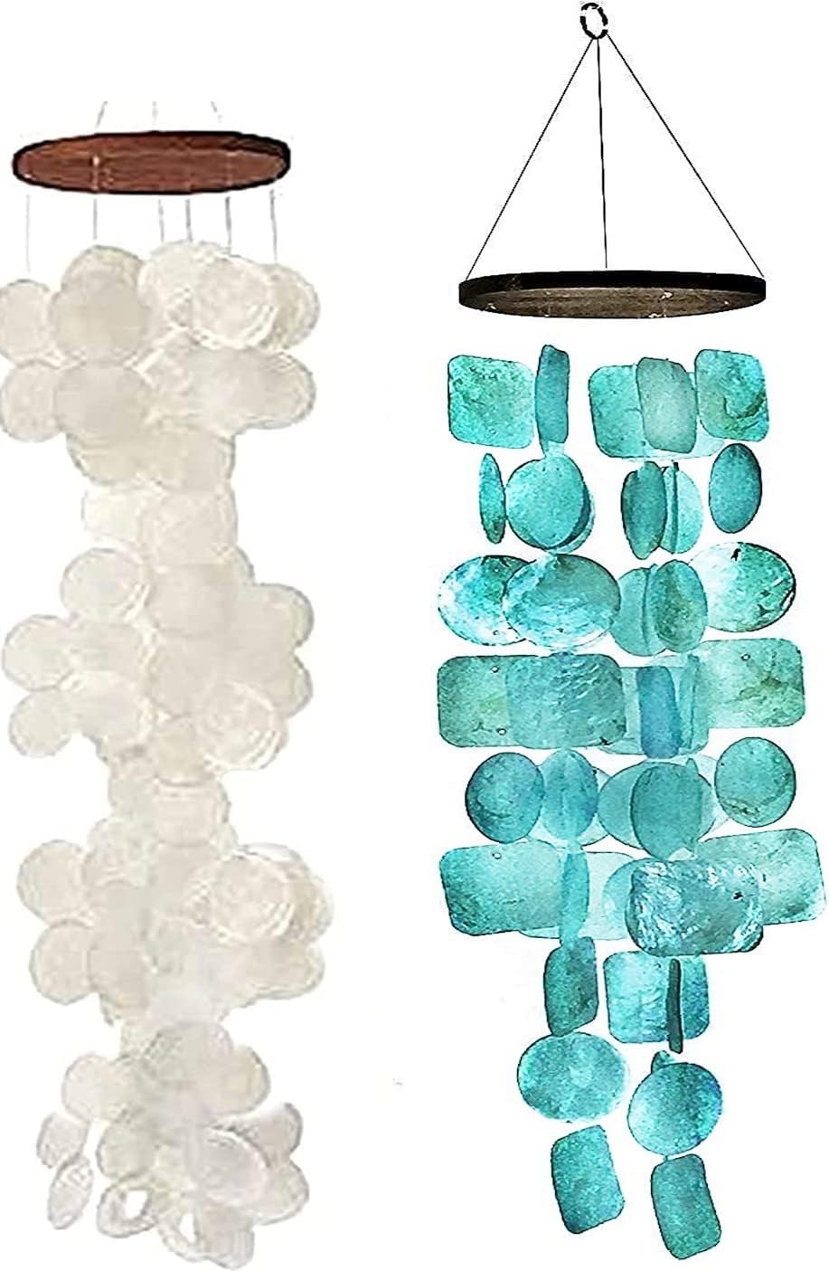Bellaa Orignal Shell Sea Glass Wind Chimes for Outside Unique Aqua Blue and White Colored Capiz Shells Windchime for Outdoors Beach Theme