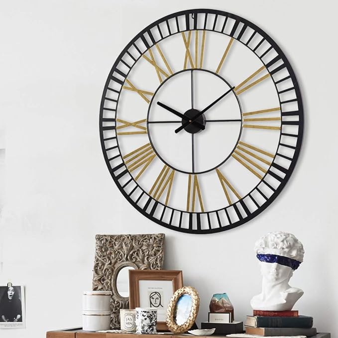 RiteSune Gold&Black 32" Large Metal Industrial Wall Clock with Roman