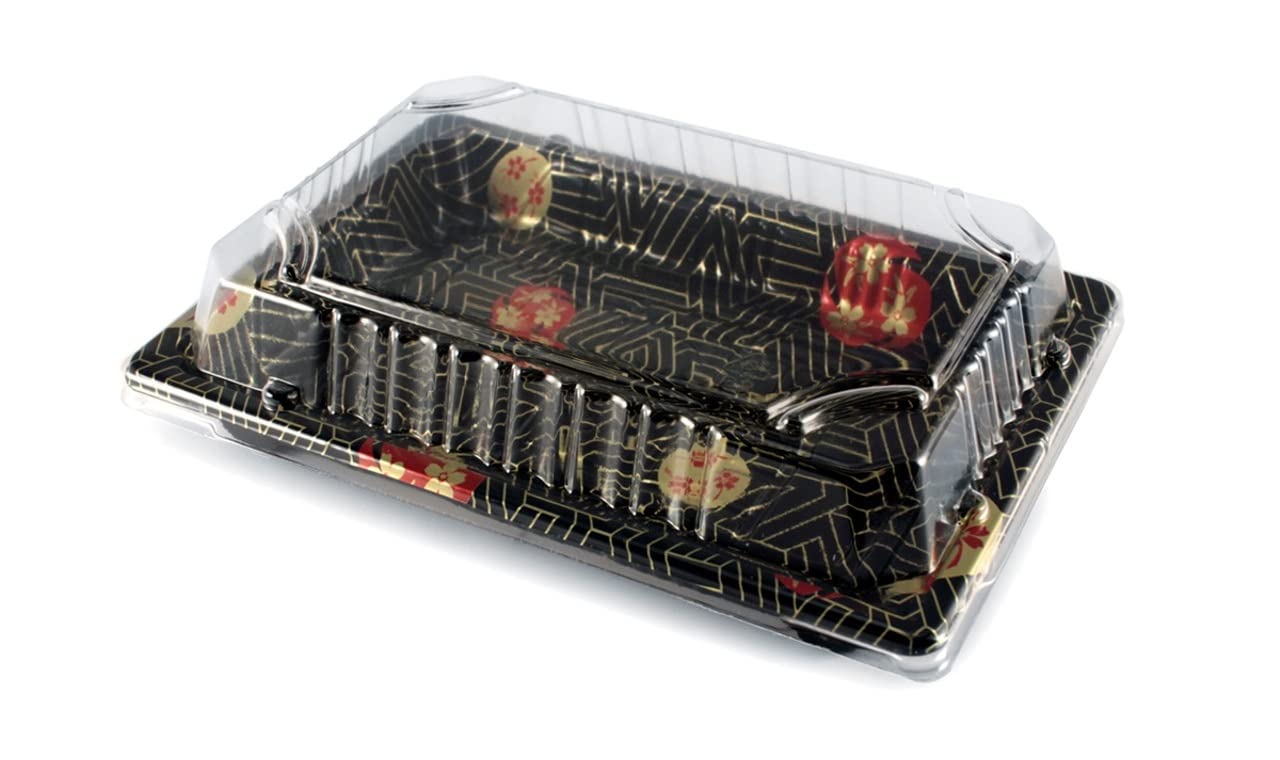 EcoQuality Black Sushi Trays with Lids 6.5 x 5.5 inch Disposable Sushi Container Packaging Box with Cover, Carry Out, Take Out, Black Plastic To Go Container Set, Entree, Appetizers, Dessert (50)
