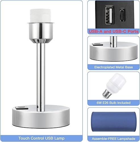 Miniatura 7 de Lámpara táctil azul marino para niños, pequeña lámpara de mesita de noche con puertos de carga USB-C y USB, lámpara de mesa de noche regulable de 3