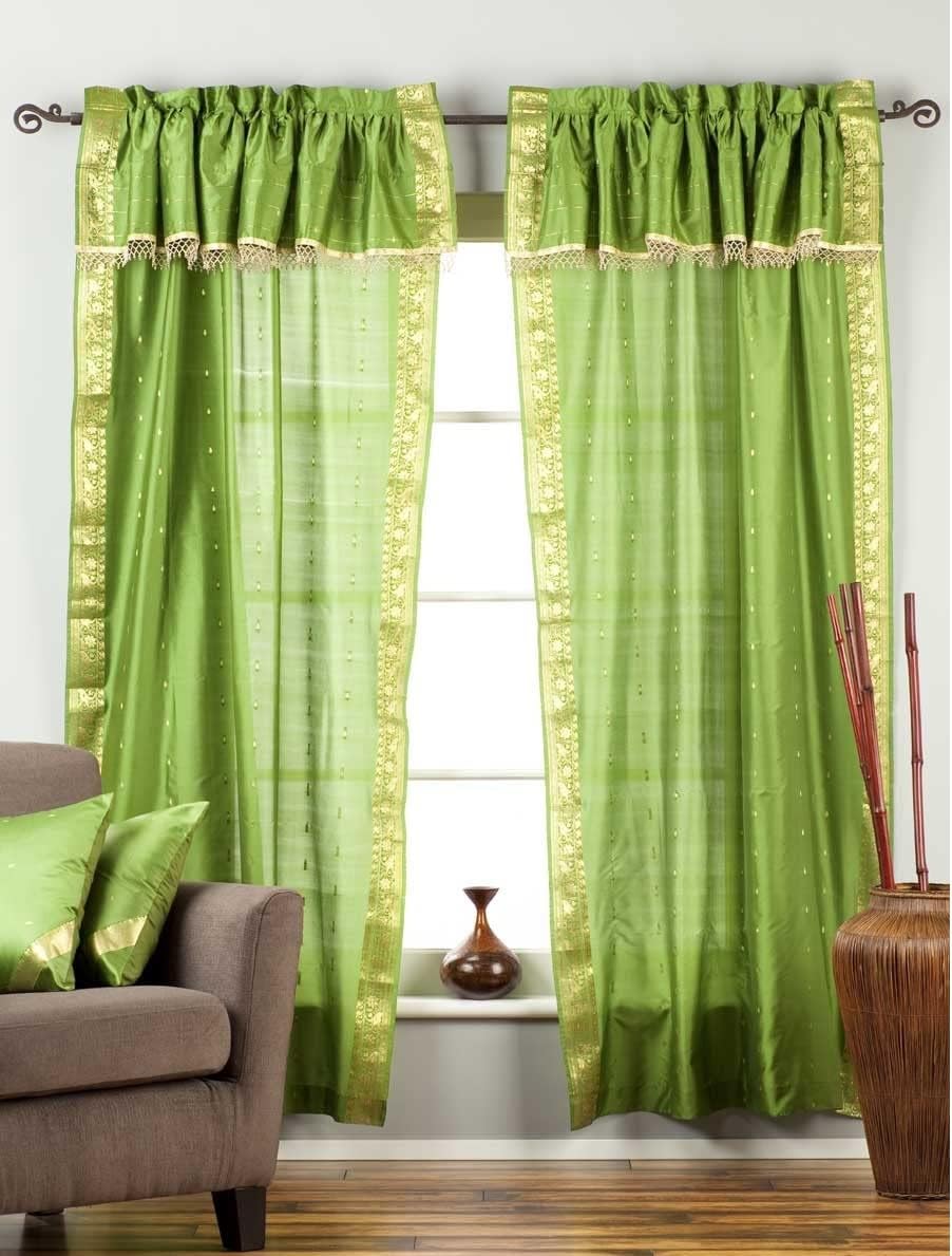 Indian Selections 2 Lined Panels 2 Tiebacks-Gypsy Rod Pocket Hand Dyed Sari Curtain Window Treatment with Attached Beaded Valance for Bedroom, Hallway, Living Room, Door,Bed Canopy Green 60W 84L