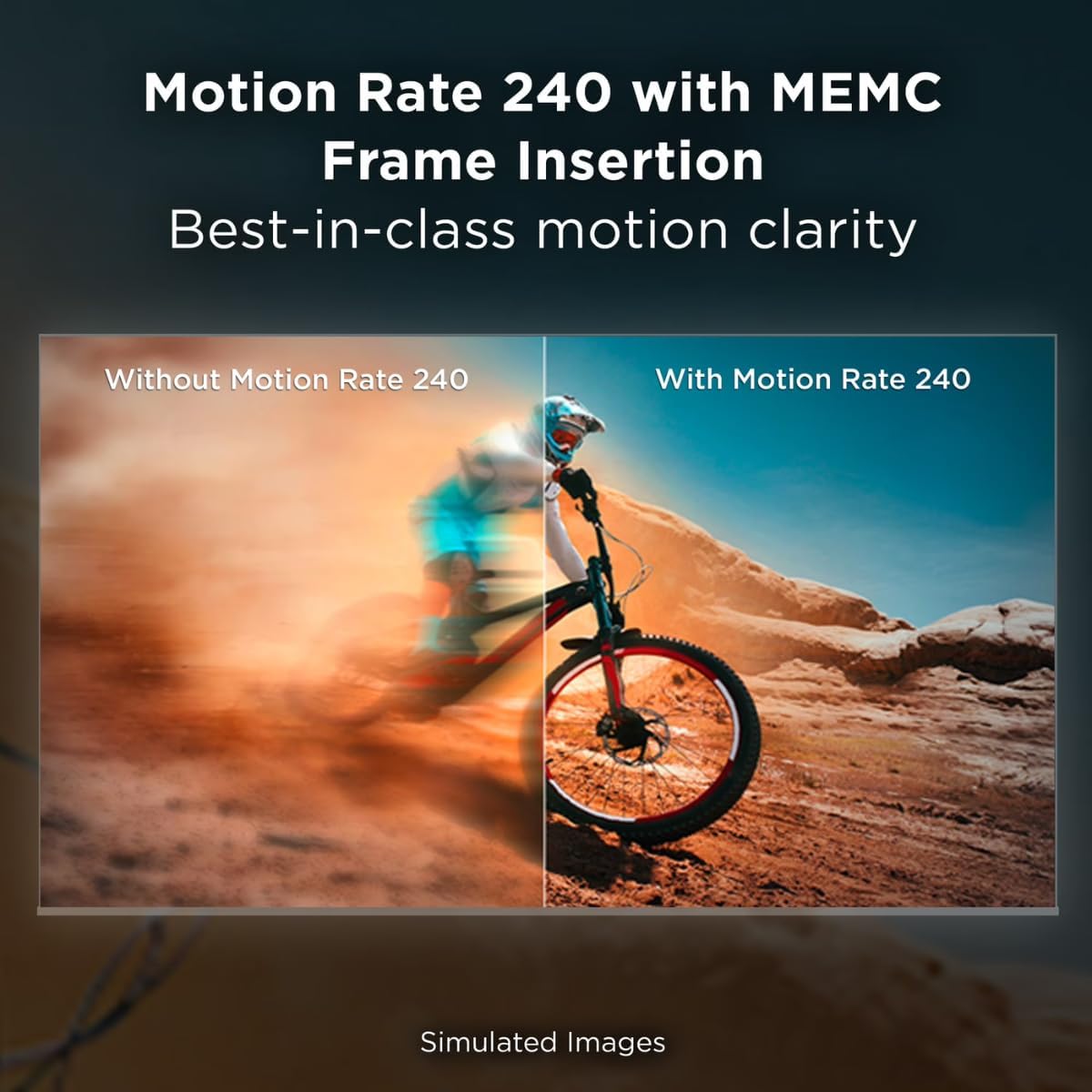 Comparison image showing a blurred cyclist without Motion Rate 240 versus a clear cyclist with Motion Rate 240, demonstrating motion clarity.