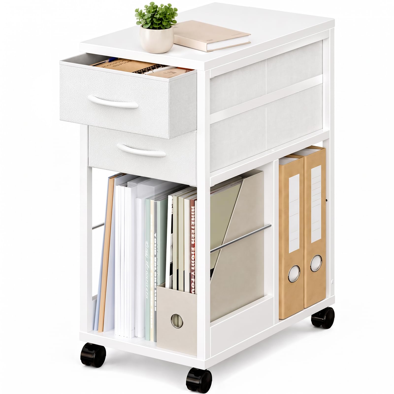 OffiGo Rollcontainer Schreibtisch mit Rollen und 2 Schubladen，Weiß | Rollcontainer mit Wechselbarem Seitenträger und Bremsrollen, Mobiler Büroschrank für A4, Legal & Letter