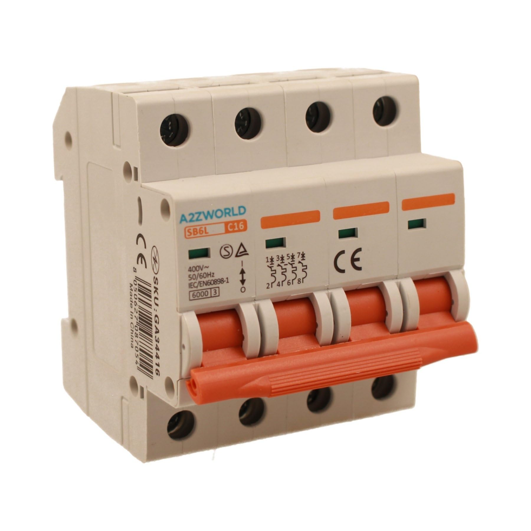 Interruptor magnetotérmico trifásico 4P 16A C16, curva C 6kA, 4 módulos DIN 380 V AC, certificado IEC60898-1, serie SB6L
