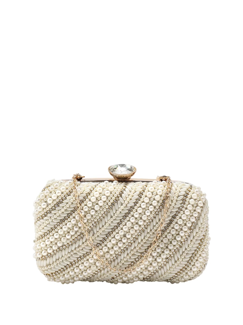 Women's Offwhite Hand Embroidery Box Clutch with Detachable Shoulder Strap, Pearl Beaded Evening Bag with Crystal Clasp-image-31