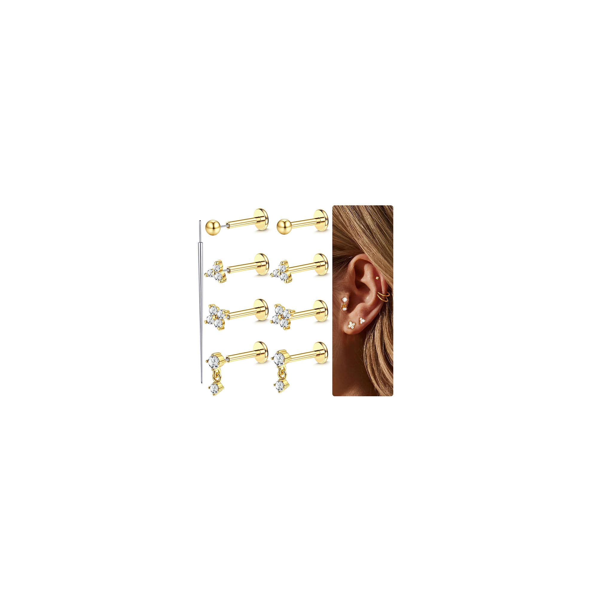 16G/18G/20G Chirurgenstahl Tragus-Piercing-Schmuck, Labret-Piercing-Schmuck, gewindelose, eindrückbare Nasenstecker, Tragus-Ohrringe, Flache Rückseite, Tragus-Ohrstecker, Lippe,