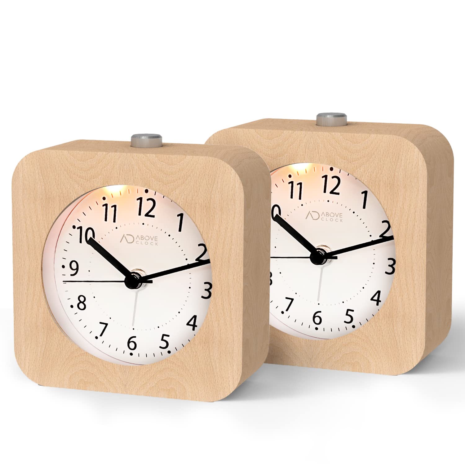 Alarm Clock Analogue Without Ticking, Pack of 2, aboveClock Wooden Alarm Clock with Snooze, Bedside Table Clock with Night Light, Not Included, Natural Wood in Light Brown
